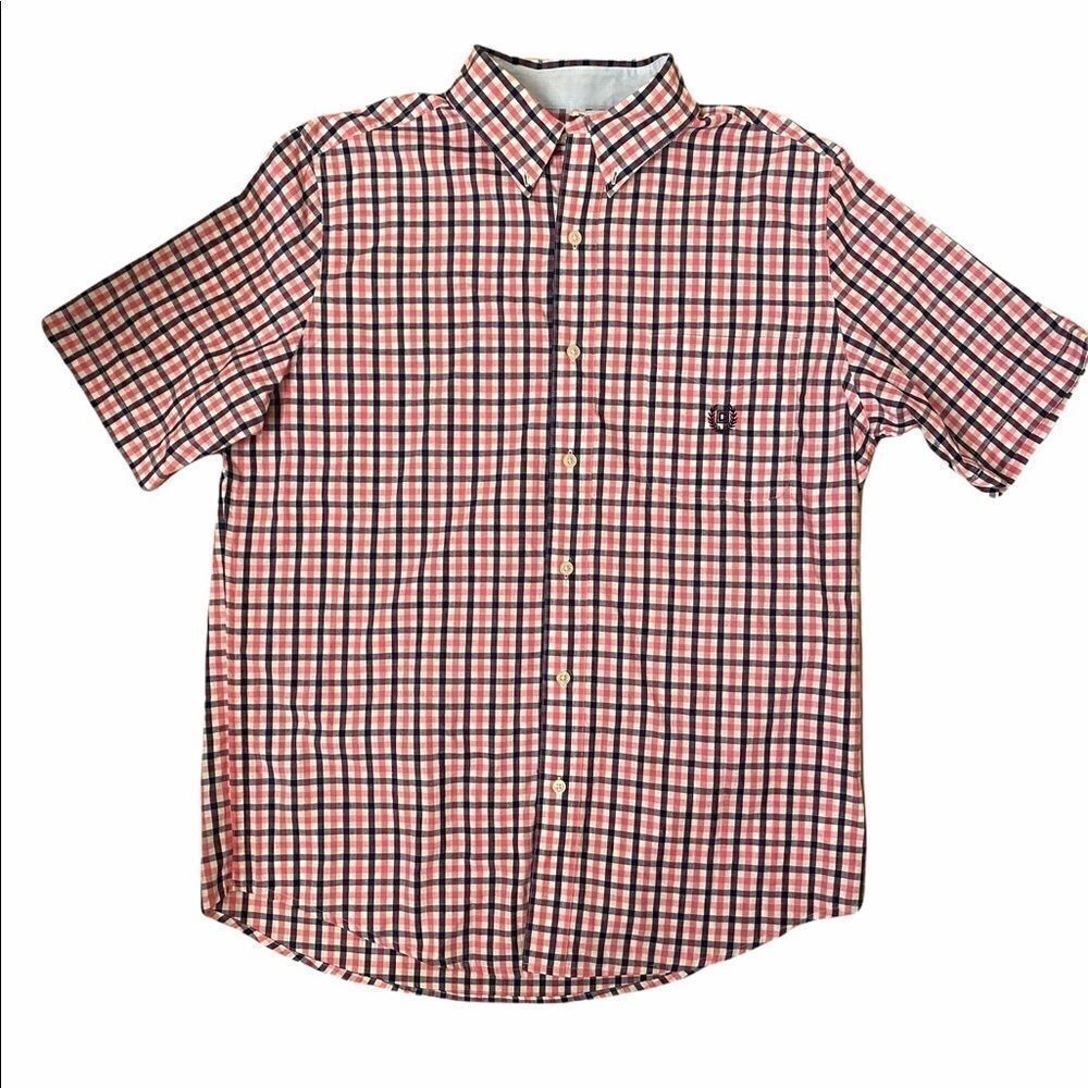 Chaps Shirt Mens Medium Size M Pink Blue Gingham Short‎ Sleeve Button Down Shirt